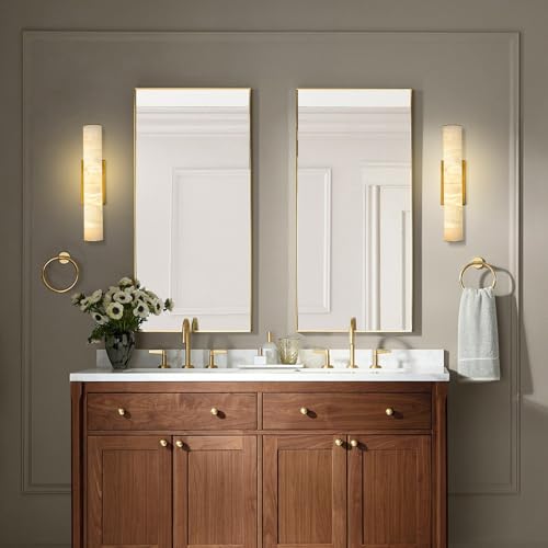 Alabaster Wall Sconces, 20" Brass Wall Sconce, Modern Bathroom Sconces, Indoor Gold Wall Sconces, Spanish Natural Marble Sconces Wall Lighting for Living Room, Bedroom, Hallway, Stairs
