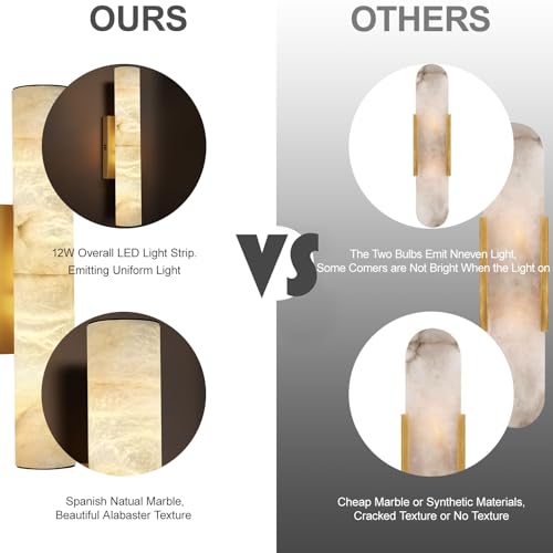 Alabaster Wall Sconces, 20" Brass Wall Sconce, Modern Bathroom Sconces, Indoor Gold Wall Sconces, Spanish Natural Marble Sconces Wall Lighting for Living Room, Bedroom, Hallway, Stairs