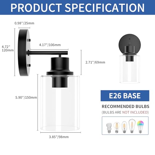 GORDNWE 1-Light Bathroom Wall Sconce, Matte Black Vanity Light, Modern Wall Light Fixture with Clear Glass Shade and E26 Bulb Base, Wall Lamp Wall Mount Light Fixtures for Mirror, Bedroom, Hallway