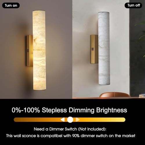 Alabaster Wall Sconces, 20" Brass Wall Sconce, Modern Bathroom Sconces, Indoor Gold Wall Sconces, Spanish Natural Marble Sconces Wall Lighting for Living Room, Bedroom, Hallway, Stairs