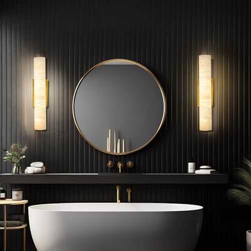 Alabaster Wall Sconces, 20" Brass Wall Sconce, Modern Bathroom Sconces, Indoor Gold Wall Sconces, Spanish Natural Marble Sconces Wall Lighting for Living Room, Bedroom, Hallway, Stairs