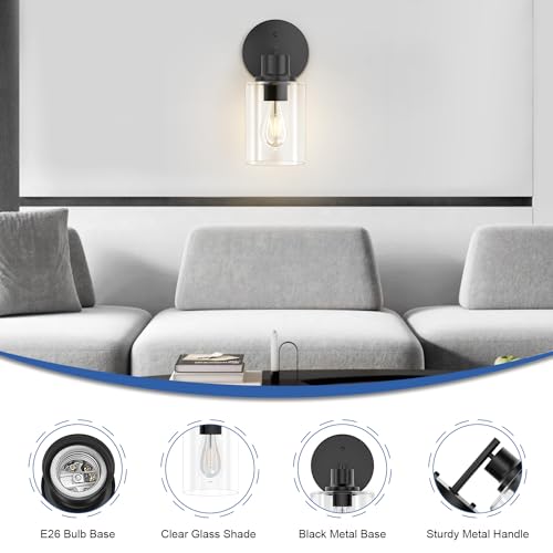 GORDNWE 1-Light Bathroom Wall Sconce, Matte Black Vanity Light, Modern Wall Light Fixture with Clear Glass Shade and E26 Bulb Base, Wall Lamp Wall Mount Light Fixtures for Mirror, Bedroom, Hallway
