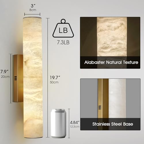 Alabaster Wall Sconces, 20" Brass Wall Sconce, Modern Bathroom Sconces, Indoor Gold Wall Sconces, Spanish Natural Marble Sconces Wall Lighting for Living Room, Bedroom, Hallway, Stairs