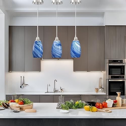 Viinew Glass Pendant Light with Handblown Dark Blue Marble Art Glass Shade Ceiling Light 3-Pack Mini Hanging Pendant Light for Kitchen Island,Dining Room,Living,Foyer,Hallway