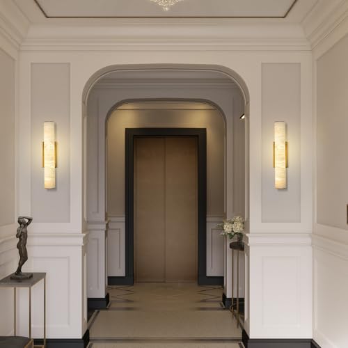 Alabaster Wall Sconces, 20" Brass Wall Sconce, Modern Bathroom Sconces, Indoor Gold Wall Sconces, Spanish Natural Marble Sconces Wall Lighting for Living Room, Bedroom, Hallway, Stairs