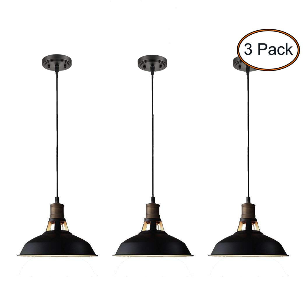 CLAXY Farmhouse Pendant Light Black Hanging Pendant Light Fixture for Kitchen Bar Restaurant Cafe, 3 Pack