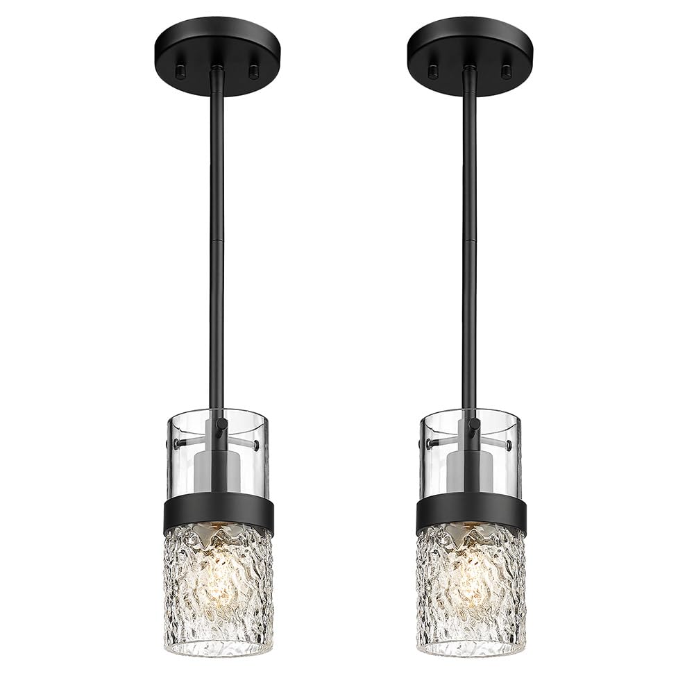 LMS 2-Pack Modern Matte Black Pendant Light, Adjustable Hanging Pendant Lighting with Hammered Glass, Tiltable Pendant Lighting for Kitchen Island, Bathroom, Bedroom, LMS-201