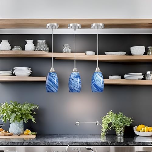 Viinew Glass Pendant Light with Handblown Dark Blue Marble Art Glass Shade Ceiling Light 3-Pack Mini Hanging Pendant Light for Kitchen Island,Dining Room,Living,Foyer,Hallway