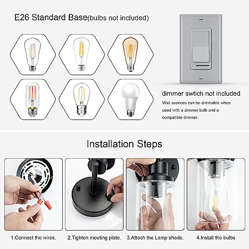 GORDNWE 1-Light Bathroom Wall Sconce, Matte Black Vanity Light, Modern Wall Light Fixture with Clear Glass Shade and E26 Bulb Base, Wall Lamp Wall Mount Light Fixtures for Mirror, Bedroom, Hallway
