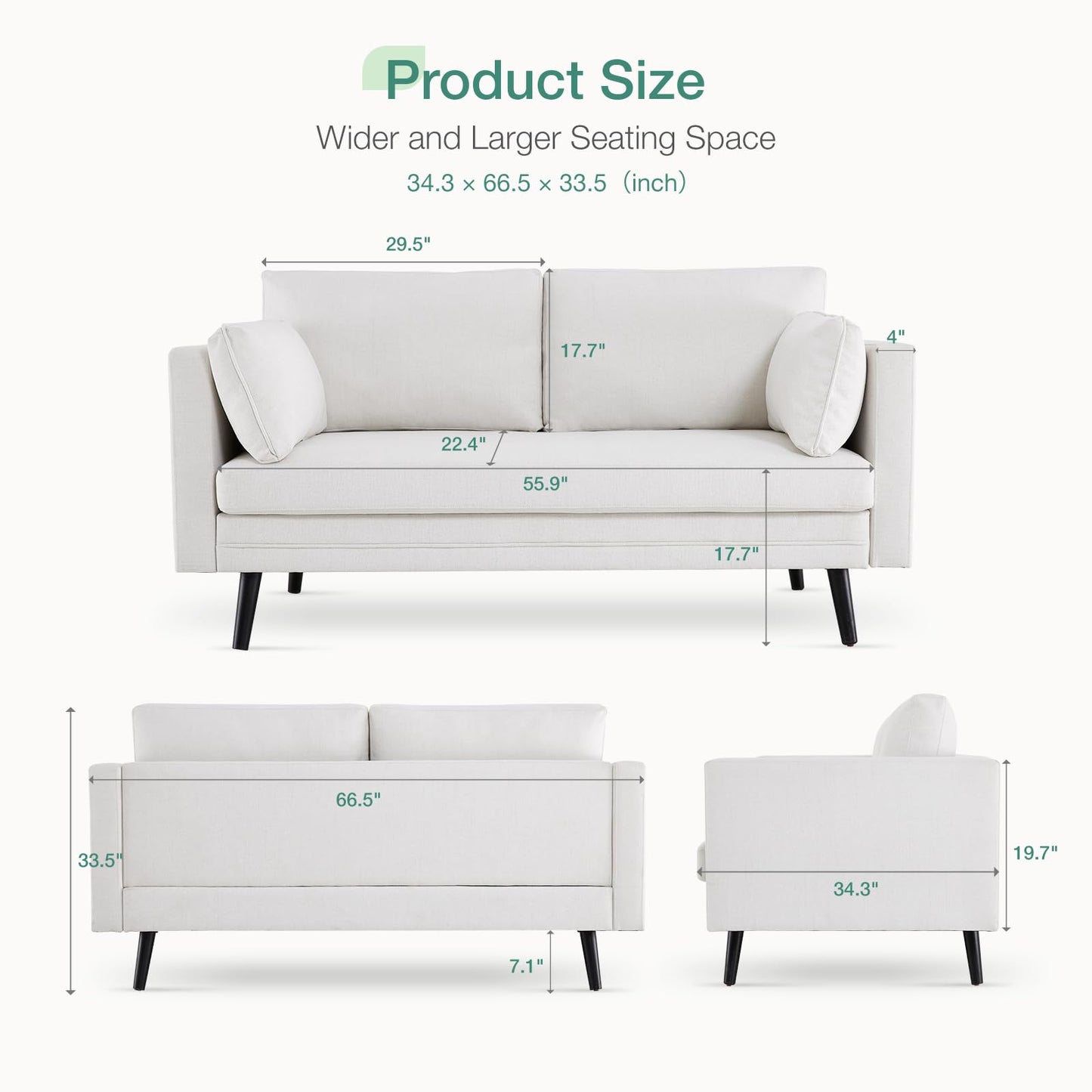 Novilla 66" Fabric Loveseat Sofa, 700 LBS Weight Capacity, Simple Assembly Required, Fabric Couch for Living Room, Bedroom, Home Office, Cream Couch