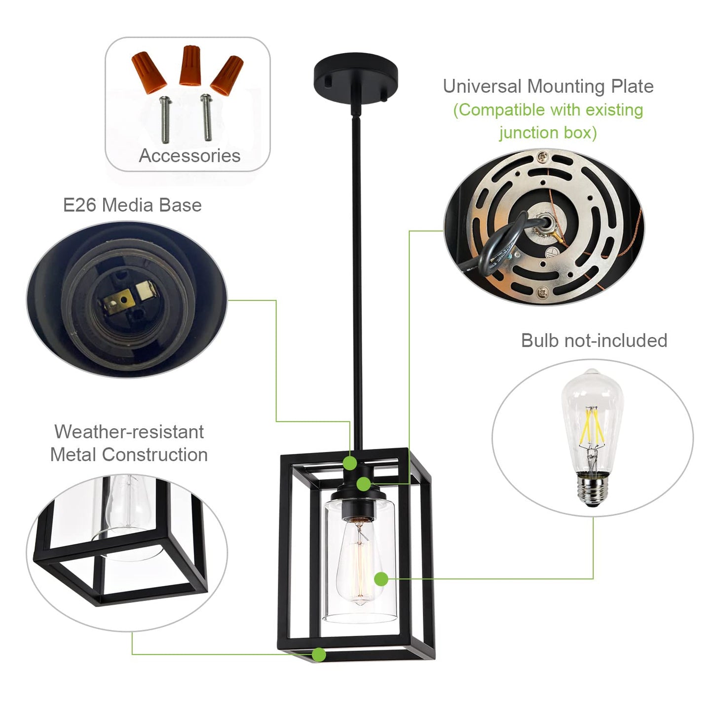 Kitchen Pendant Lighting Over Island, 1-Light Matte Black Farmhouse Pendant Light Fixtures, Rectangle Linear Metal Hanging Lighting Fixture with Clear Glass Shade for Dining Room Entryway Hallway