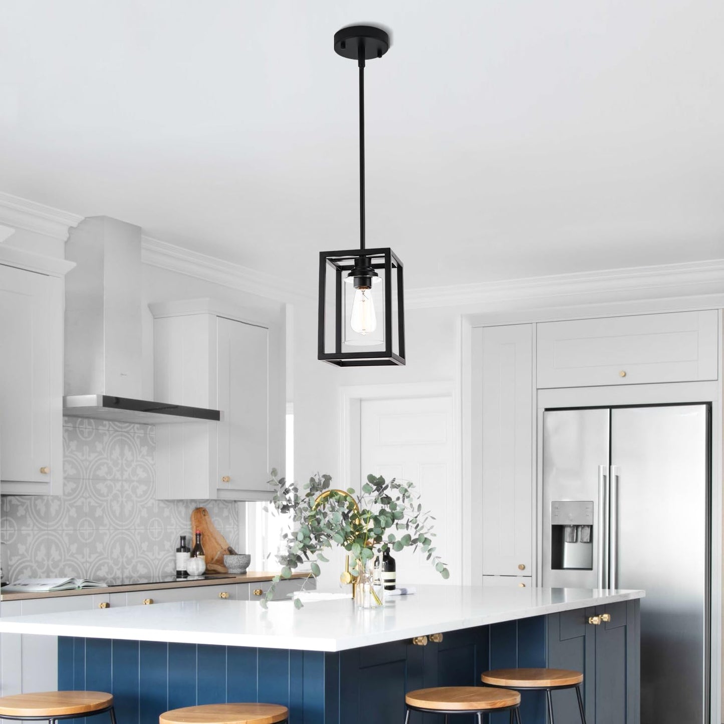 Kitchen Pendant Lighting Over Island, 1-Light Matte Black Farmhouse Pendant Light Fixtures, Rectangle Linear Metal Hanging Lighting Fixture with Clear Glass Shade for Dining Room Entryway Hallway