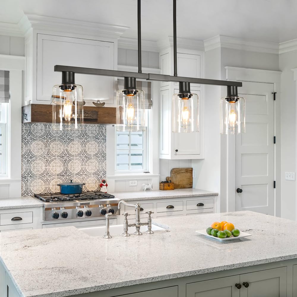 4-Light Kitchen Island Lighting, Black Farmhouse Chandelier with Adjustable Height & Clear Glass Shades, Linear Hanging Dining Room Light Fixture Over Table Bar, Industrial Island Lights for Kitchen