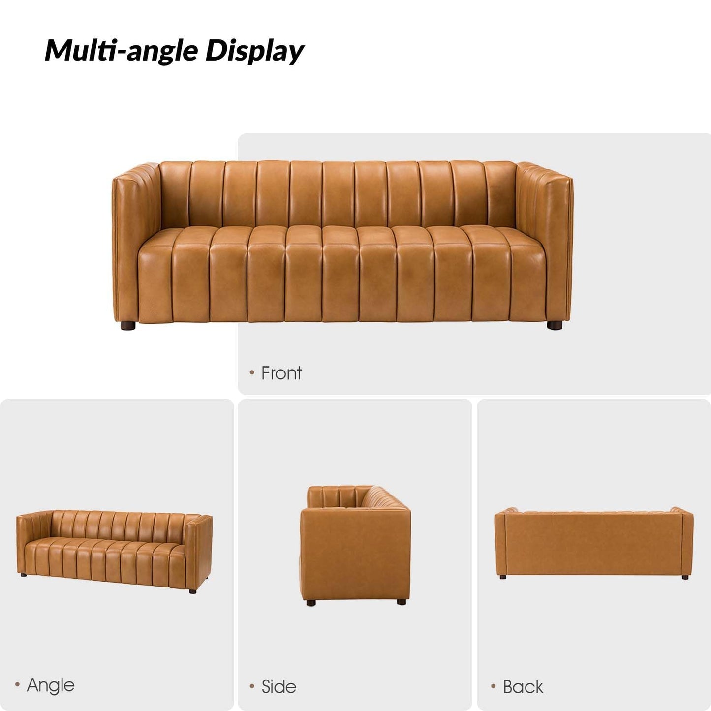 HULALA HOME 83" Genuine Leather Sofa, Sofa Leather for Living Room, 3 Seater Sofa Couch Top Layer Leather Large Sofa Furniture with Channel Tufted Seat Back & Square Arms (Camel)