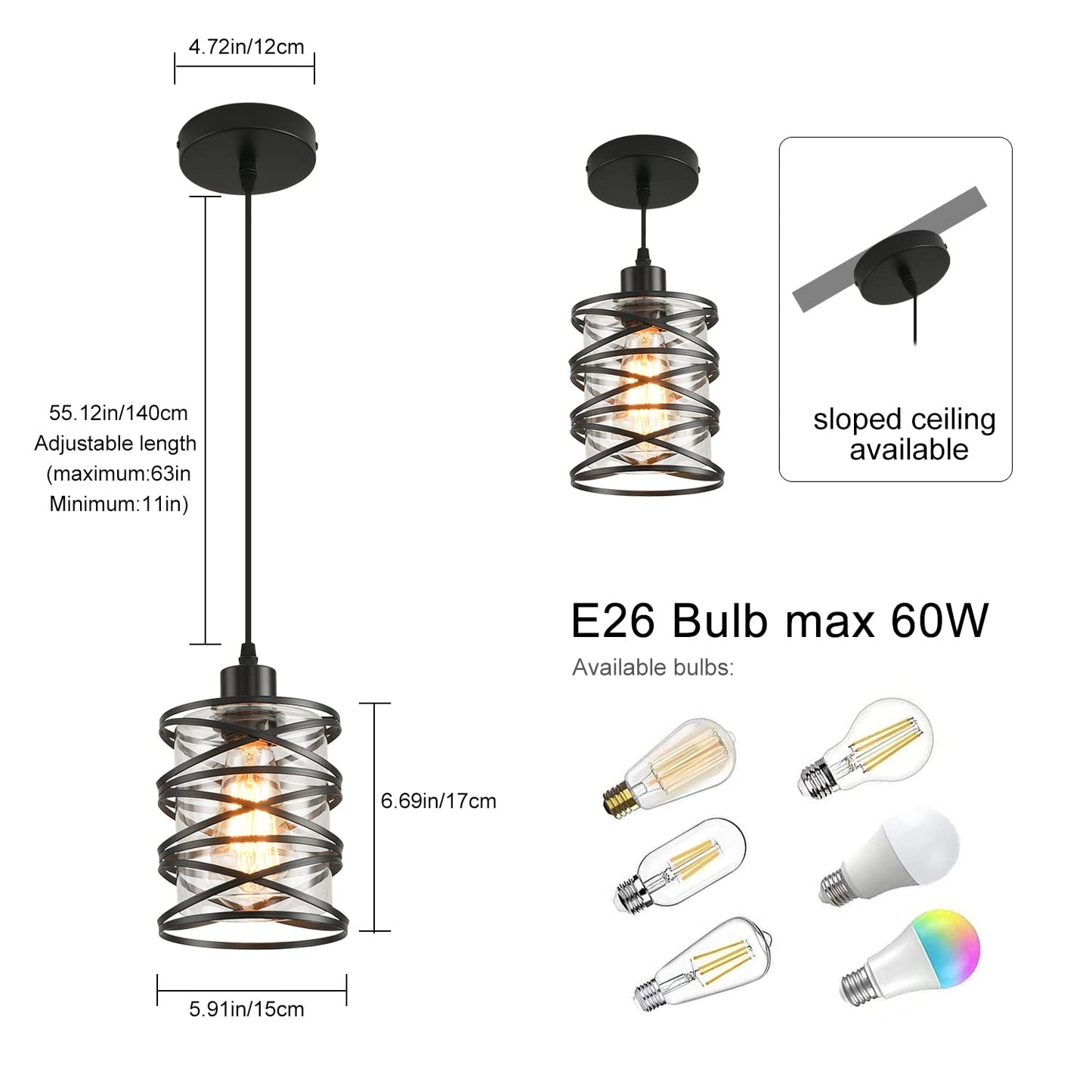 IHENGYANLT 3 Pack Pendant Light Kitchen Island Pendant Lighting, Glass Hanging Light with Spiral Cage Clear Glass Shade, Black Modern Indoor Hanging Lamp