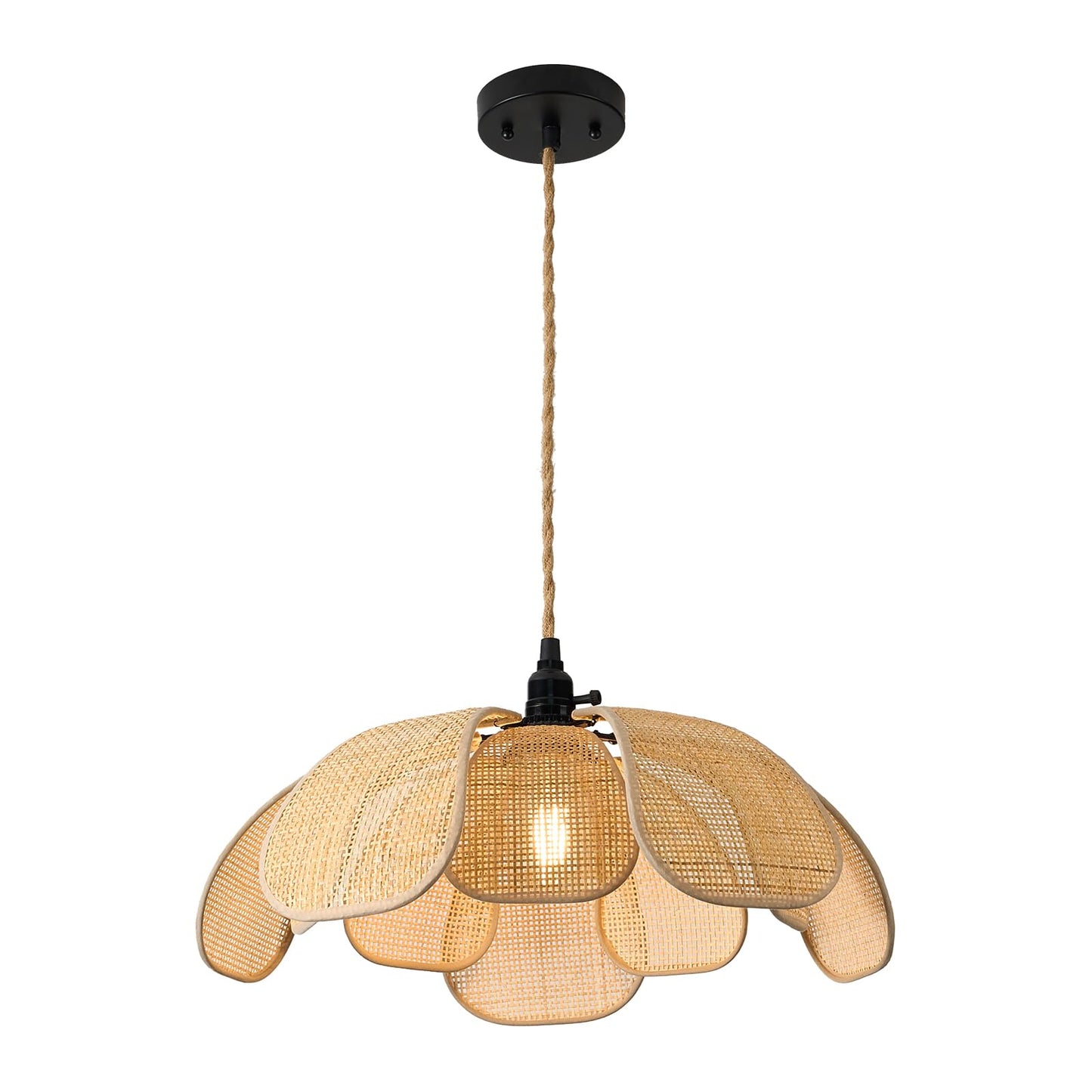 Boho 20 Inch Rattan Chandeliers Flower Hanging Lights Hemp Rope Flower Pendant Lights Handwoven Lampshade Ceiling Hanging Lamp Fixture for Bedroom Kitchen Island Dining Room Living Room
