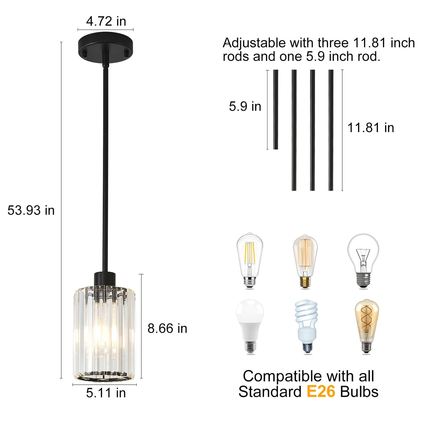 GZJunYo Black Pendant Light Fixtures, 3 Pack Modern Mini Crystal Kitchen Pendant Lighting Over Island, 1-Light Pendant Lights for Kitchen Island, Dining Room, Hallway, Foyer, Entryways