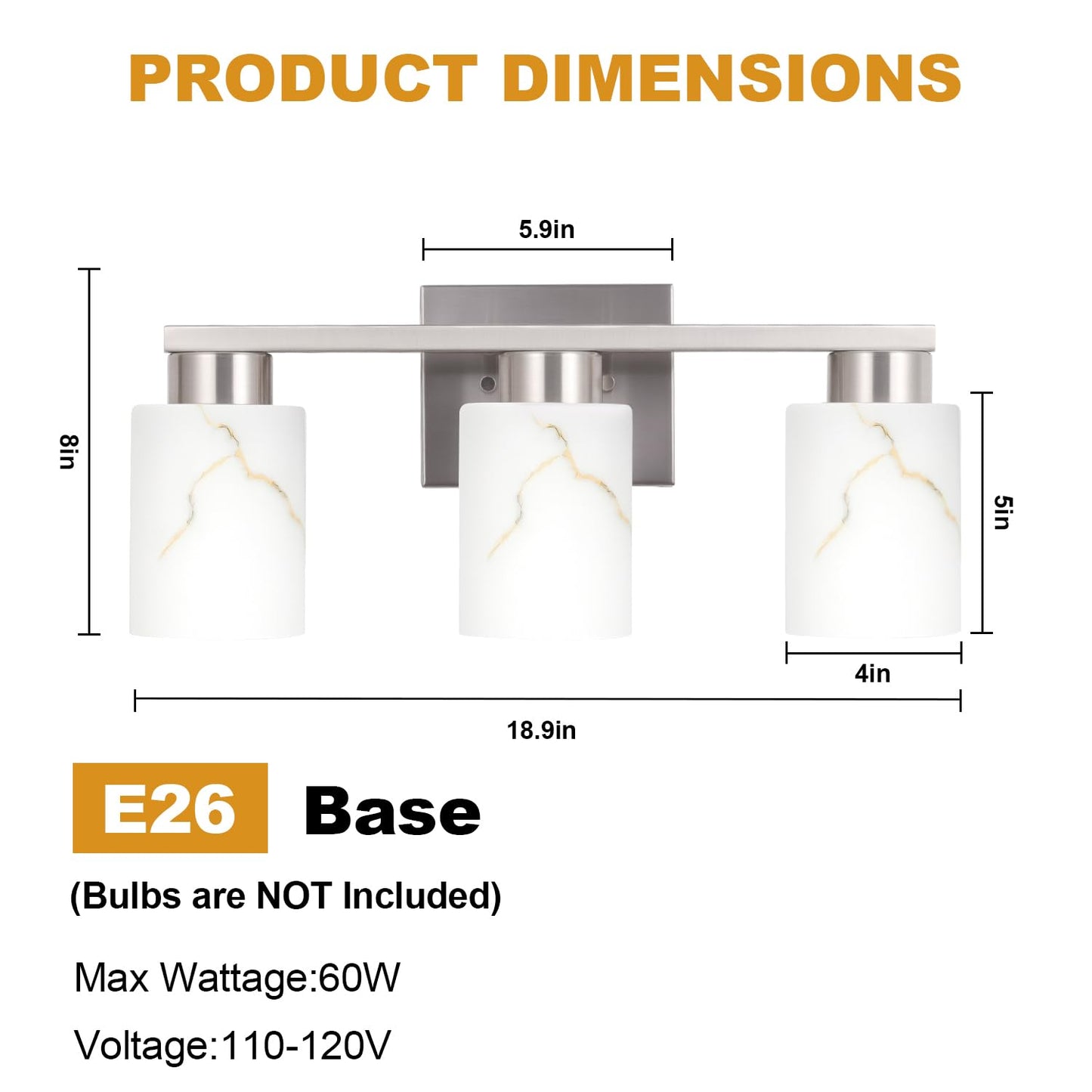 Mieloxiy 3-Light Bathroom Light Fixtures, Modern Vanity Lights, Brushed Nickel Metal Wall Lamp with White Marble Glass for Bathroom, Mirror, Living Room, Bedroom, Cabinet, Porch, Hallway, E26 Base