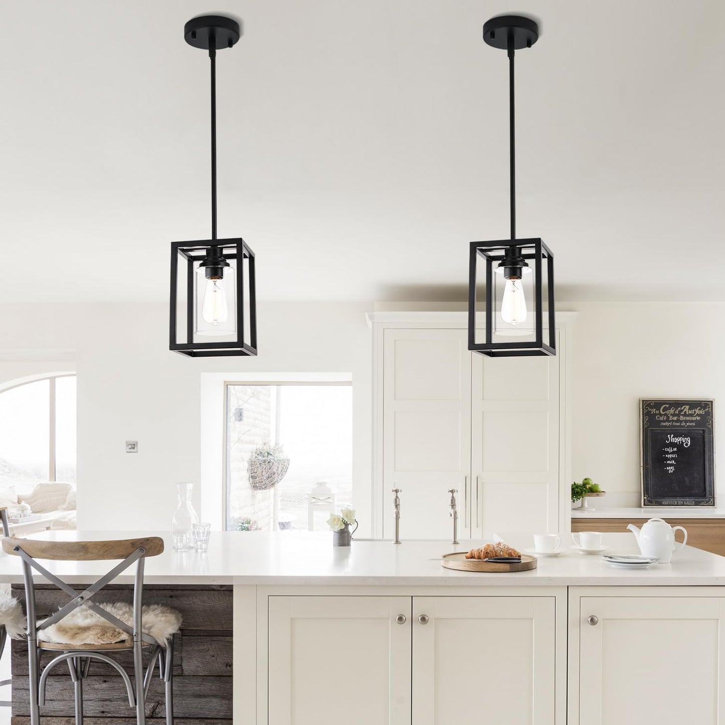 Kitchen Pendant Lighting Over Island, 1-Light Matte Black Farmhouse Pendant Light Fixtures, Rectangle Linear Metal Hanging Lighting Fixture with Clear Glass Shade for Dining Room Entryway Hallway