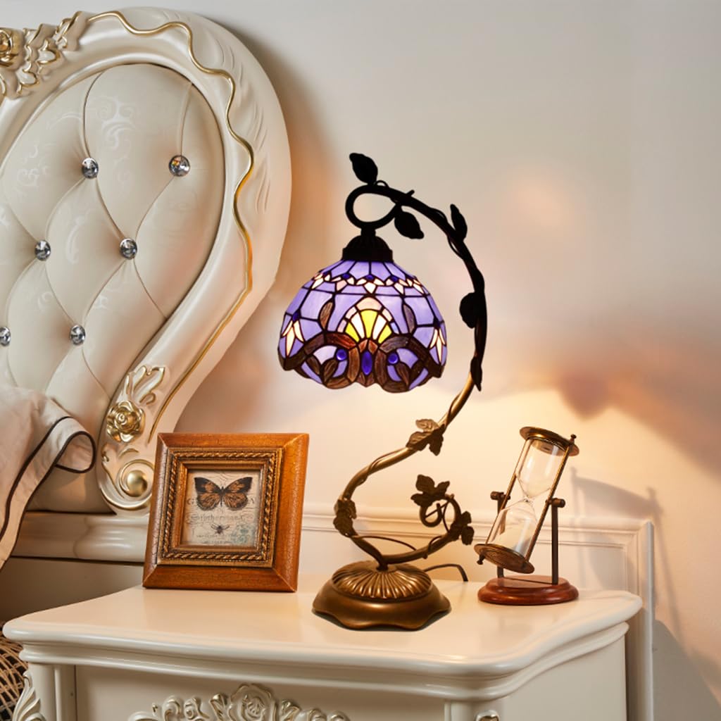 Tiffany-Style 8 Inch Table Lamp Stained Glass Baroque Lampshades Small Bedside Lamp Reading Antique Desk Light Livingroom Bedroom Office Vintage Art Deco Victorian