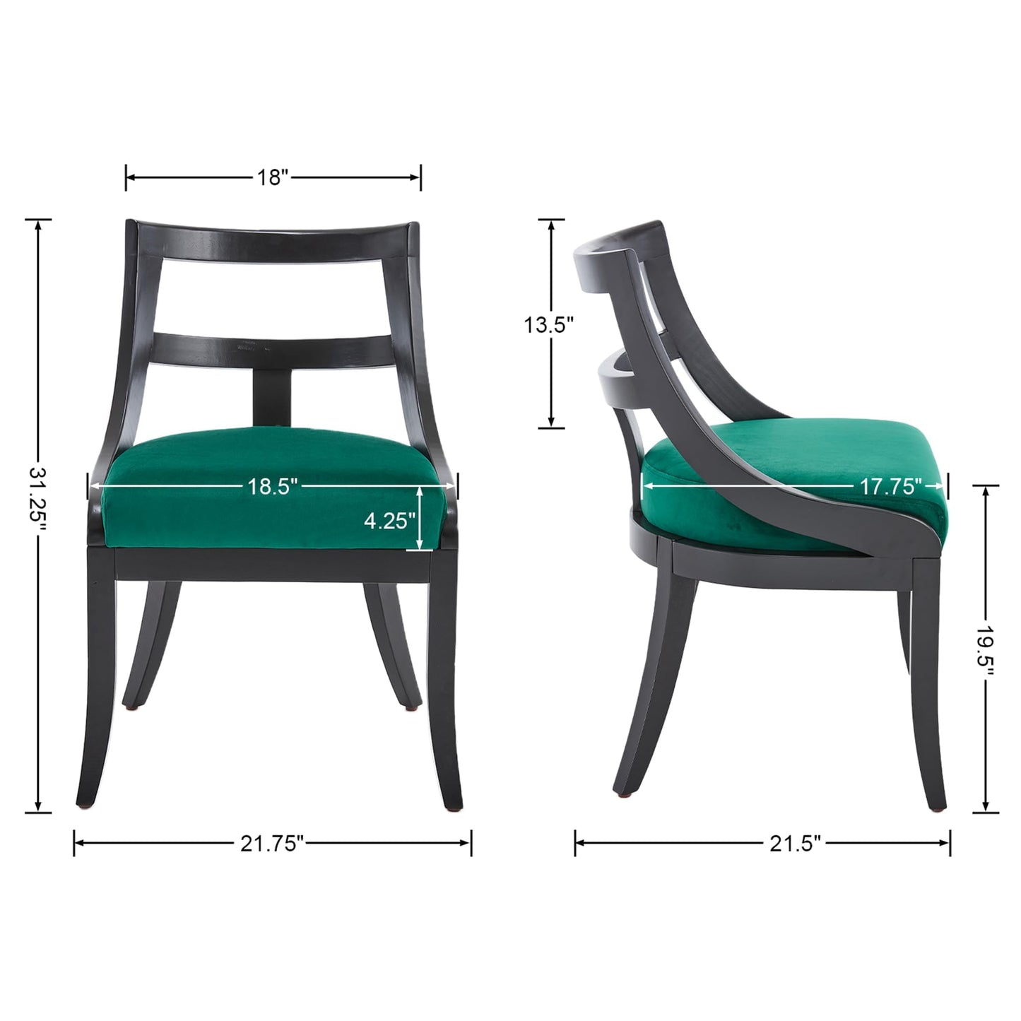 LZAREAL Modern Farmhouse Dining Chairs Set of 4 Mid Century Upholstered Dining Chair with Wooden Curved Back Kitchen Chairs for Dining Room Restaurant Cafe, Black-Velvet Green