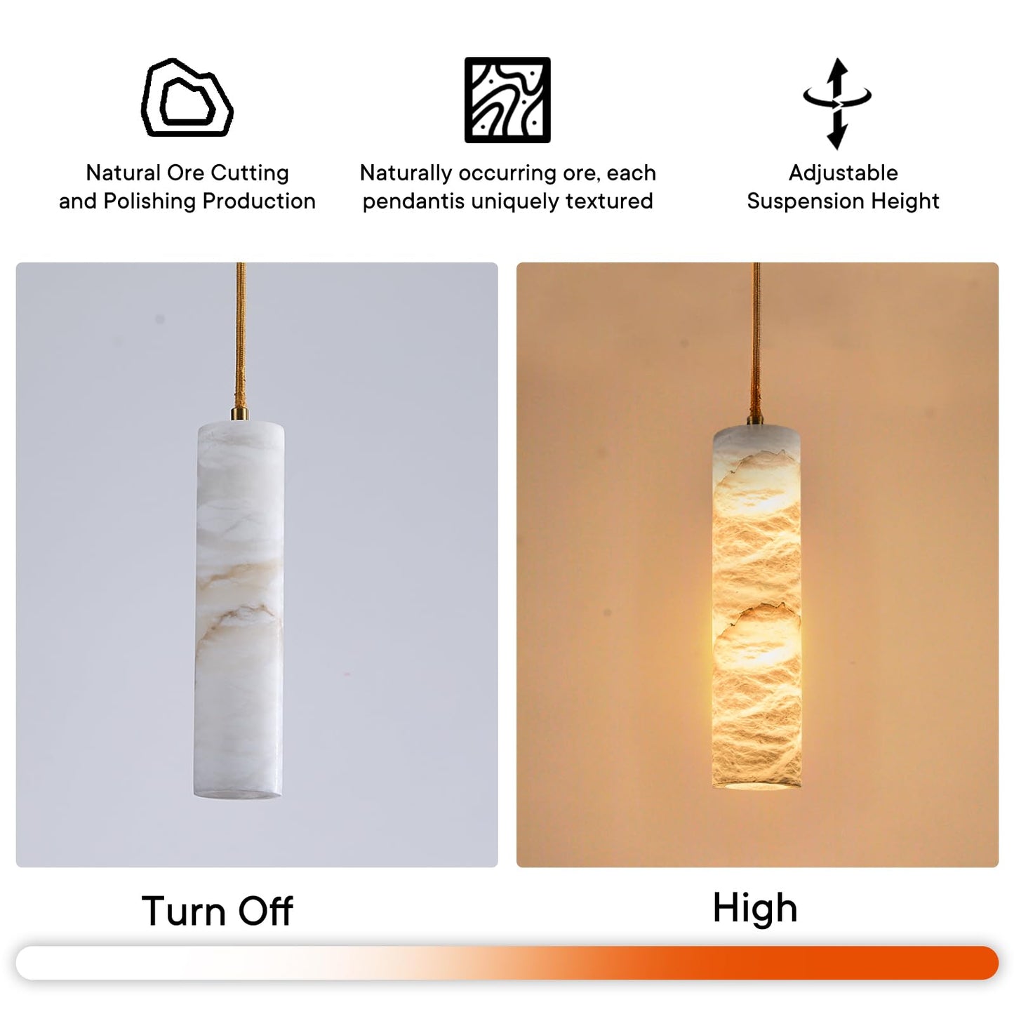 eccuslon Natural Alabaster Pendant Lights for Kitchen Island Alabaster Chandelier Marble Shade Brass Cone Lighting Fixtures White Marble Long Tube for Bedroom Dining Room Living Room 2pack