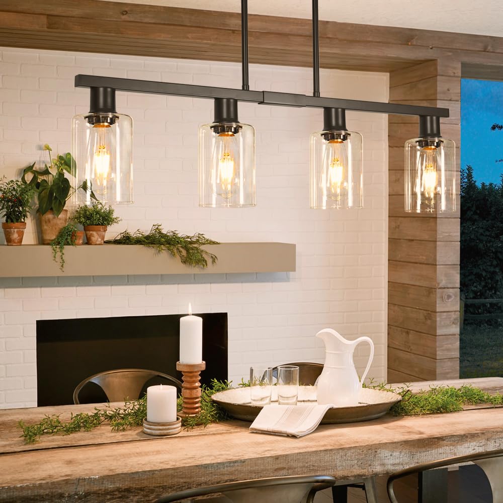 4-Light Kitchen Island Lighting, Black Farmhouse Chandelier with Adjustable Height & Clear Glass Shades, Linear Hanging Dining Room Light Fixture Over Table Bar, Industrial Island Lights for Kitchen
