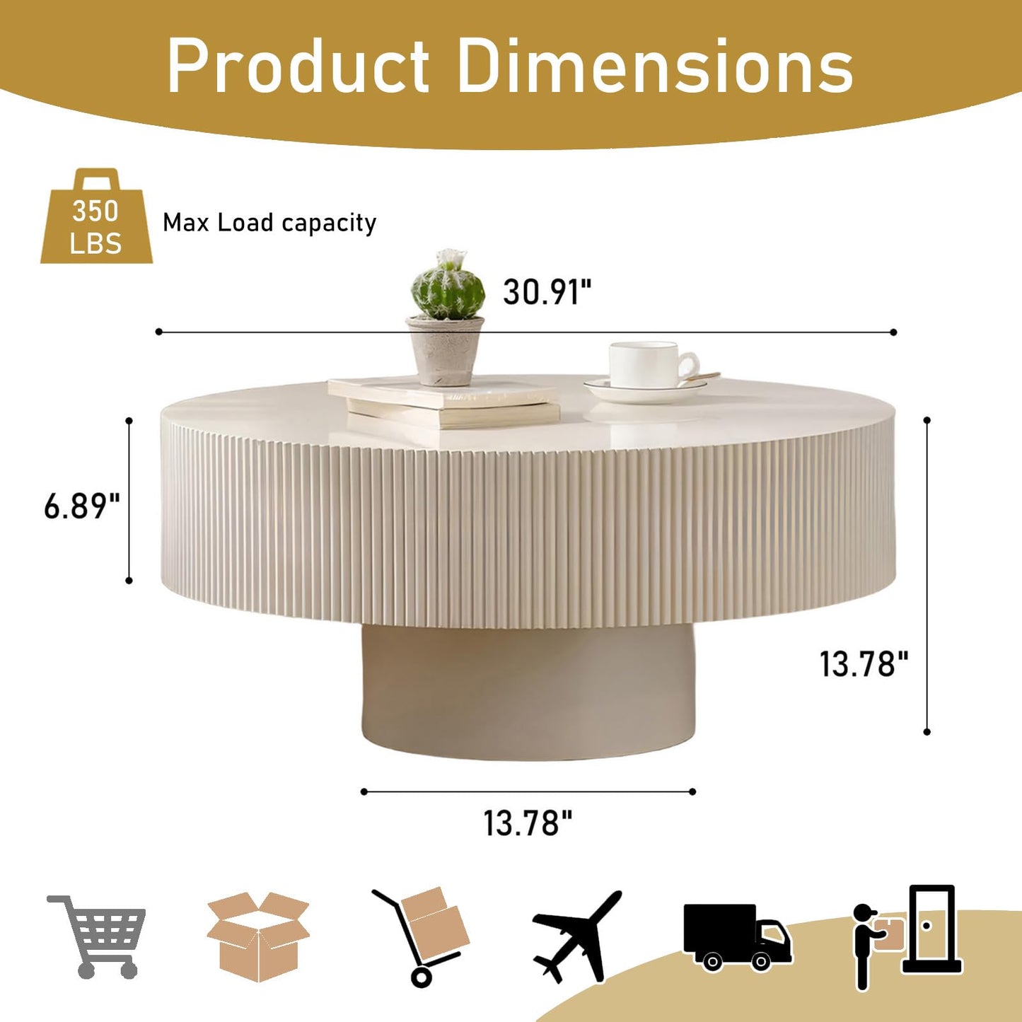 Round Drum Coffee Table 30.91" Handcrafted Fluted Drum Coffee Table Mid Century Accent Tables Modern Luxury Circle Center Table Vintage Farmhouse Center Table for Living Room (White Thick)