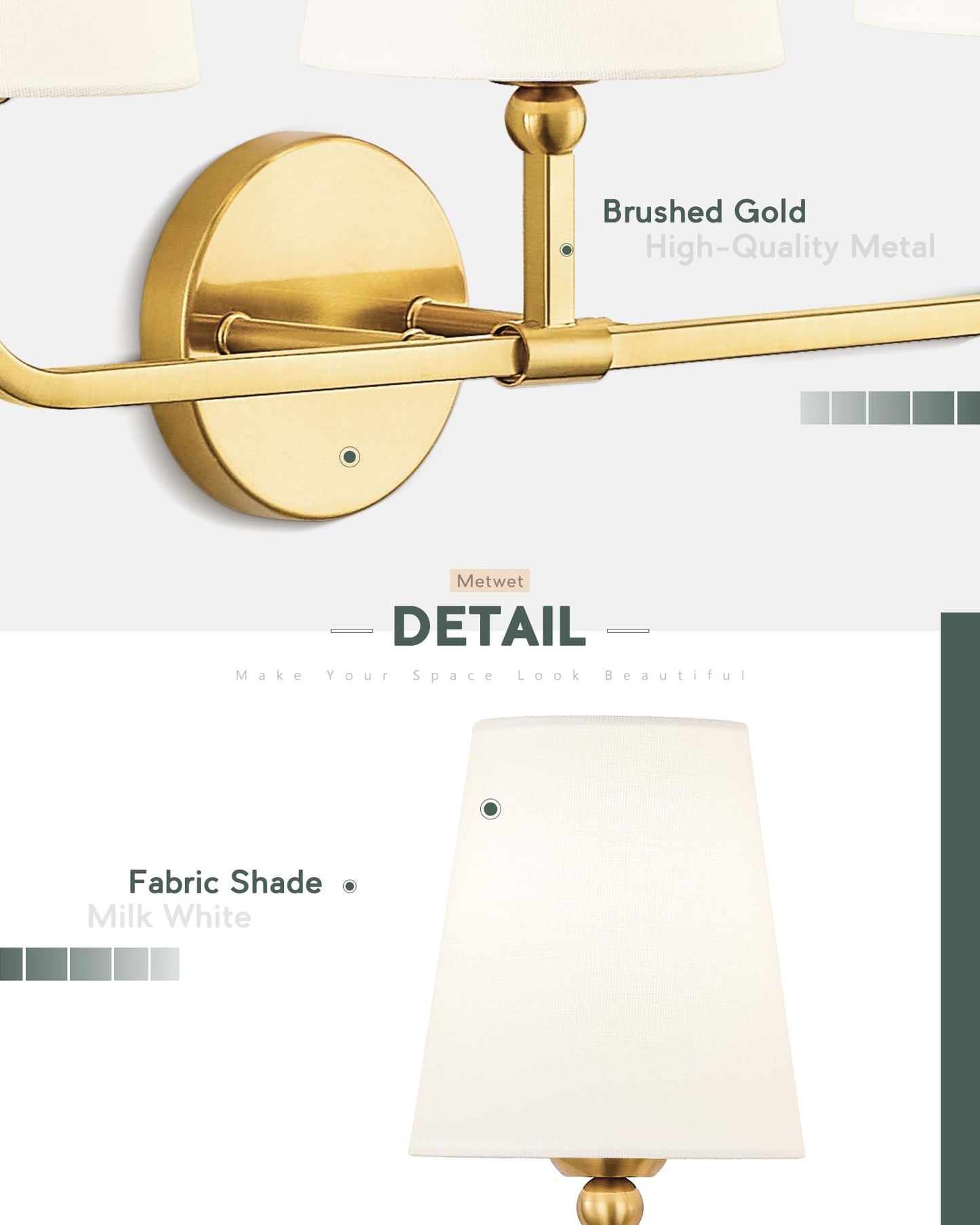 METWET Bathroom Light Fixtures, Brushed Gold Vanity Lights with Flared White Fabric Shade, 3 Light Wall Sconce, Modern Sconces Wall Lighting for Hallway Bedroom, VL837-BG-3