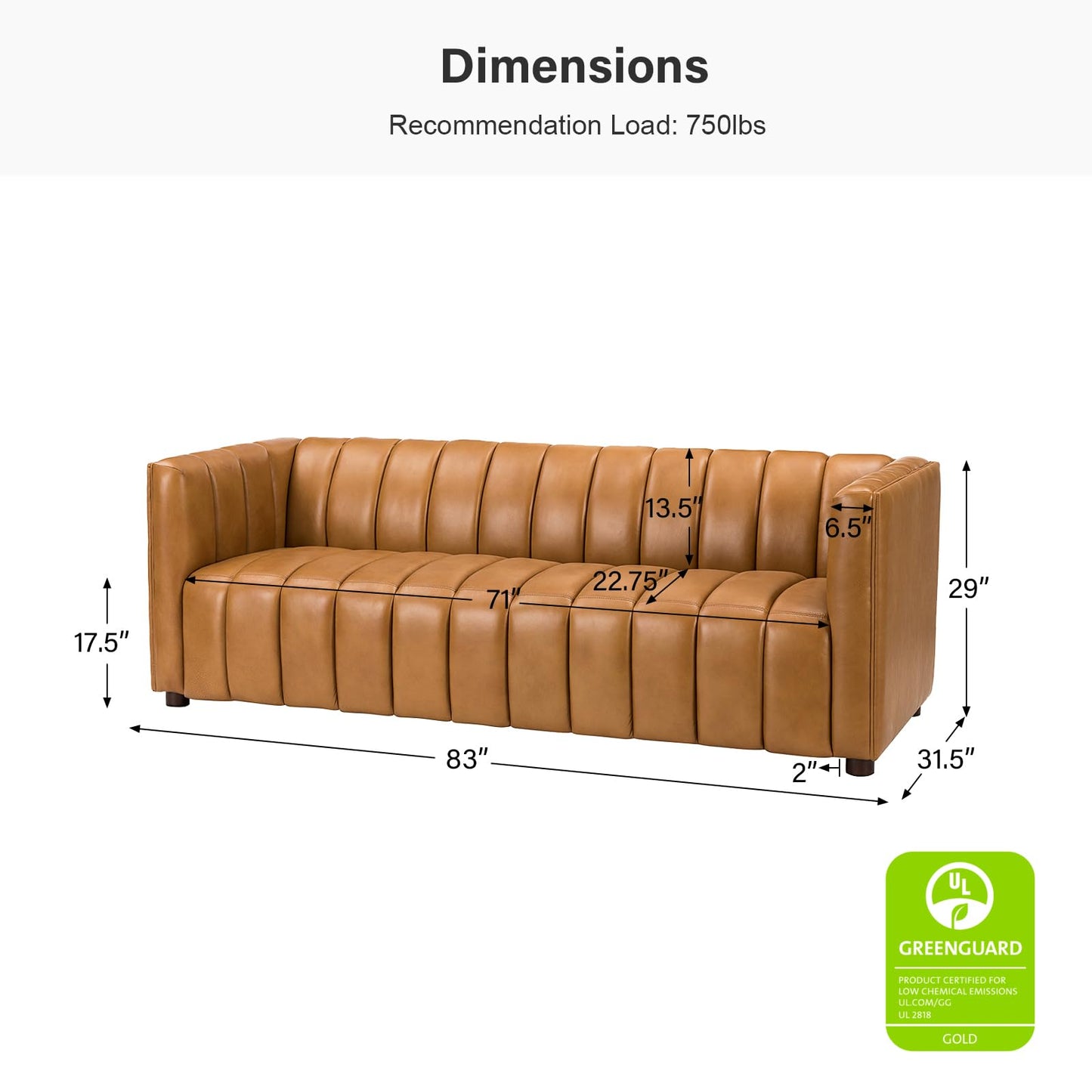 HULALA HOME 83" Genuine Leather Sofa, Sofa Leather for Living Room, 3 Seater Sofa Couch Top Layer Leather Large Sofa Furniture with Channel Tufted Seat Back & Square Arms (Camel)