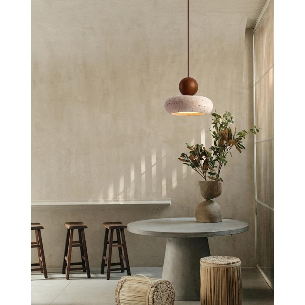 WOSBO Wabi Sabi Pendant Light, 5.9" Natural Yellow Travertine Pendant Light with Round Stone Shade and Wooden Globe, Retro Mini Pendant Lighting Perfect for Bedroom Bedside Light Living Room Kitchen