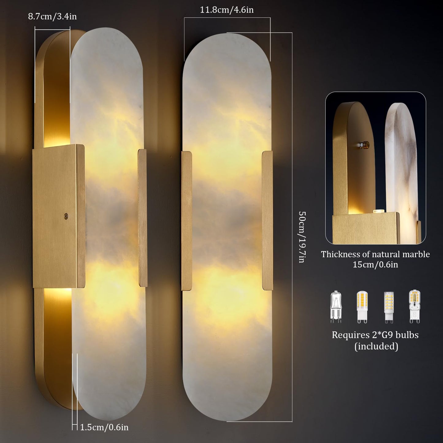 Sucelating 19.7 in Brass Alabaster Wall Sconces, Natural Marble Wall Sconces Indoor Alabaster Sconces for Living Room Modern Alabaster Sconces Wall Lighting for Dining Room Stairs Bedroom