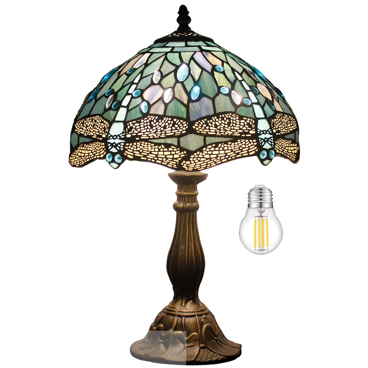 WERFACTORY Tiffany Lamp Sea Blue Stained Glass Table Lamp 12X12X18 Inches Dragonfly Style Desk Reading Light S147 Series