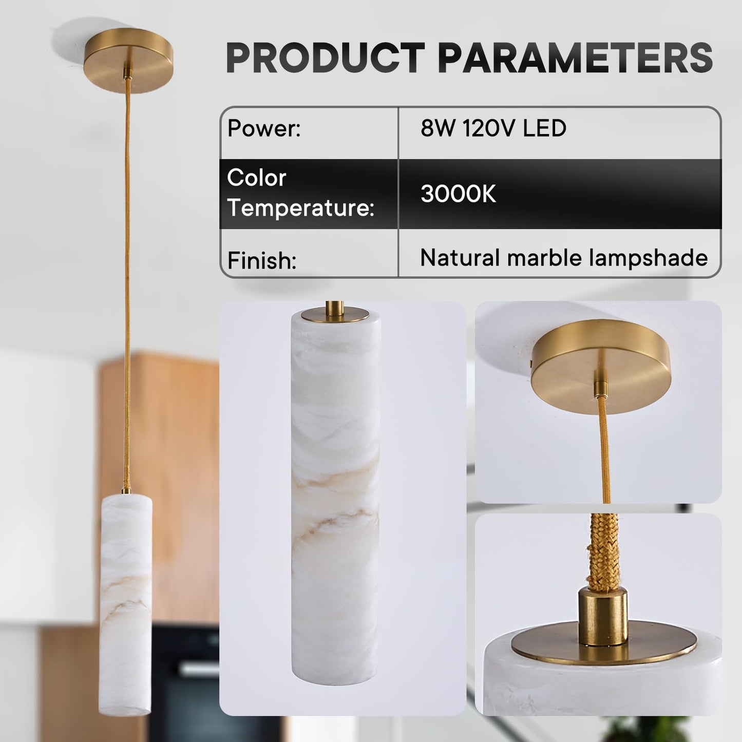 eccuslon Natural Alabaster Pendant Lights for Kitchen Island Alabaster Chandelier Marble Shade Brass Cone Lighting Fixtures White Marble Long Tube for Bedroom Dining Room Living Room 2pack