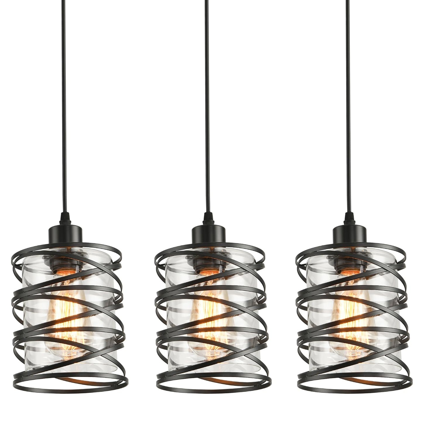 IHENGYANLT 3 Pack Pendant Light Kitchen Island Pendant Lighting, Glass Hanging Light with Spiral Cage Clear Glass Shade, Black Modern Indoor Hanging Lamp