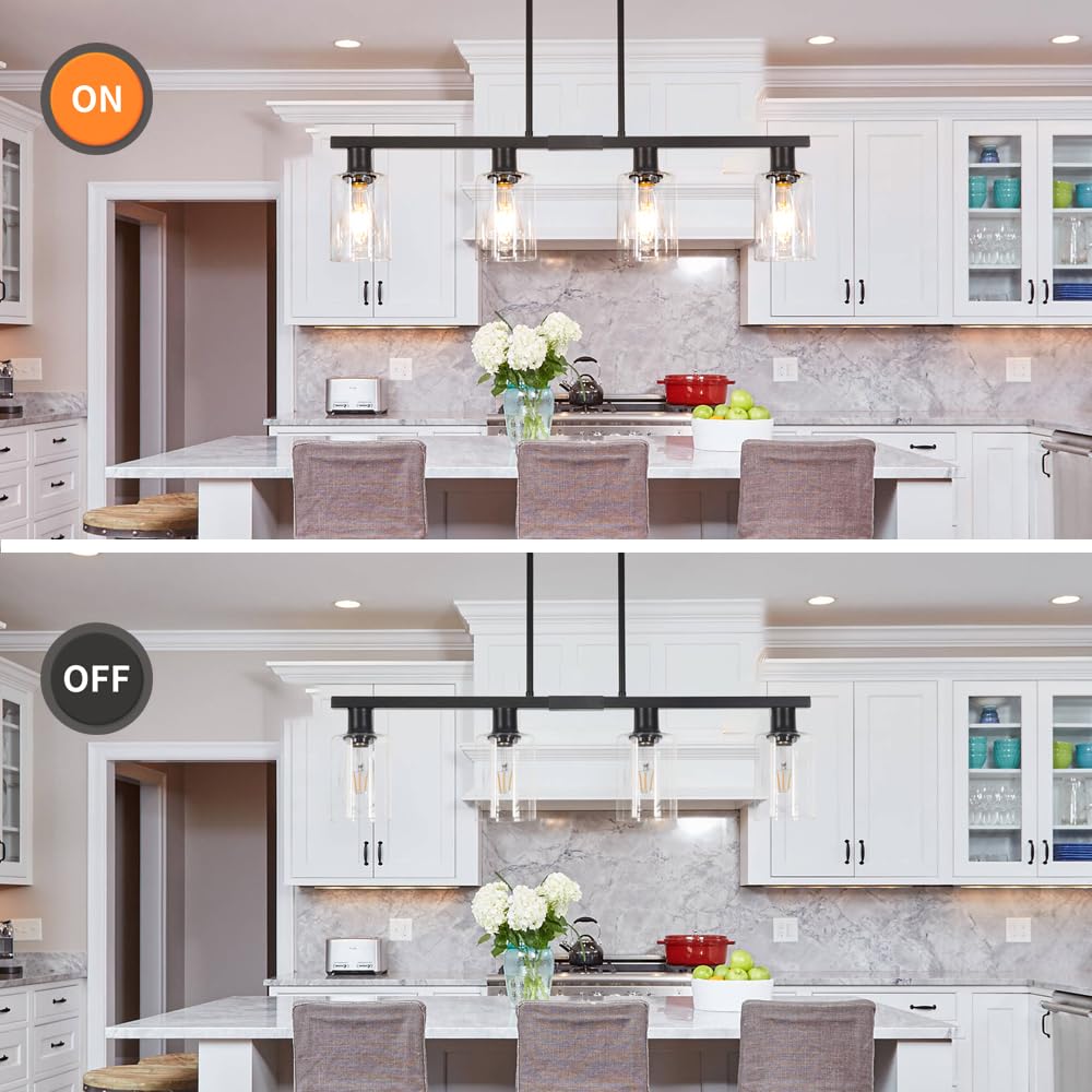 4-Light Kitchen Island Lighting, Black Farmhouse Chandelier with Adjustable Height & Clear Glass Shades, Linear Hanging Dining Room Light Fixture Over Table Bar, Industrial Island Lights for Kitchen