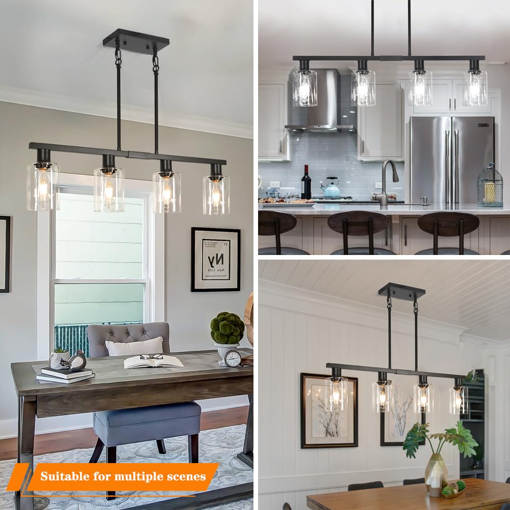 4-Light Kitchen Island Lighting, Black Farmhouse Chandelier with Adjustable Height & Clear Glass Shades, Linear Hanging Dining Room Light Fixture Over Table Bar, Industrial Island Lights for Kitchen