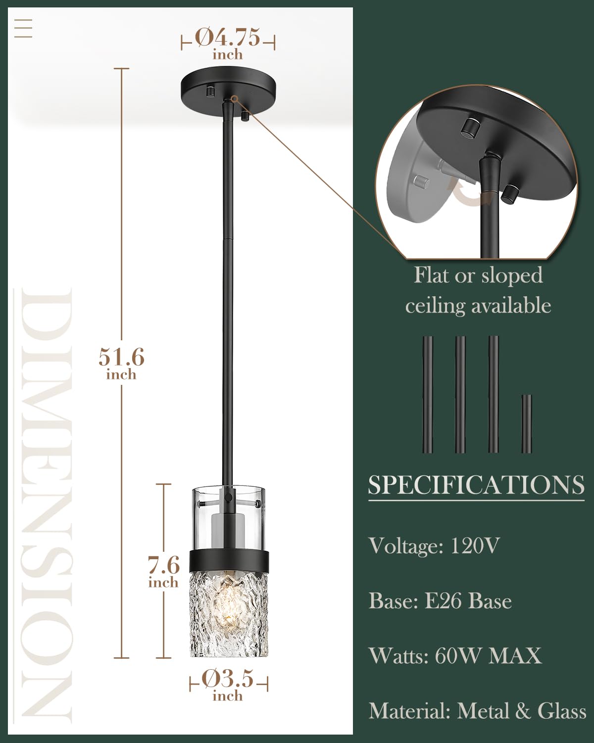 LMS 2-Pack Modern Matte Black Pendant Light, Adjustable Hanging Pendant Lighting with Hammered Glass, Tiltable Pendant Lighting for Kitchen Island, Bathroom, Bedroom, LMS-201