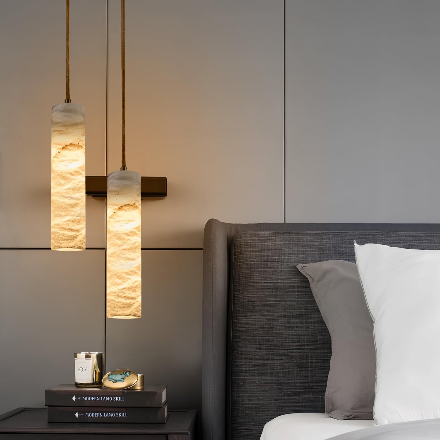 eccuslon Natural Alabaster Pendant Lights for Kitchen Island Alabaster Chandelier Marble Shade Brass Cone Lighting Fixtures White Marble Long Tube for Bedroom Dining Room Living Room 2pack