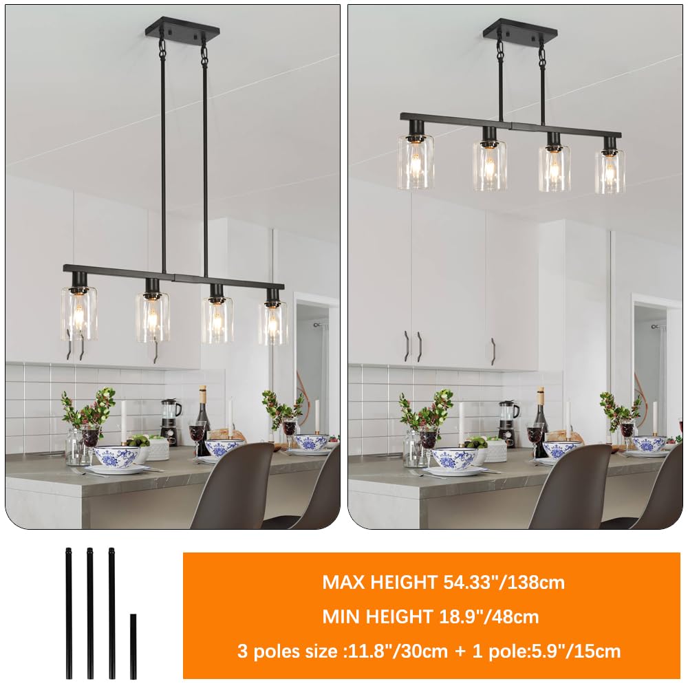 4-Light Kitchen Island Lighting, Black Farmhouse Chandelier with Adjustable Height & Clear Glass Shades, Linear Hanging Dining Room Light Fixture Over Table Bar, Industrial Island Lights for Kitchen