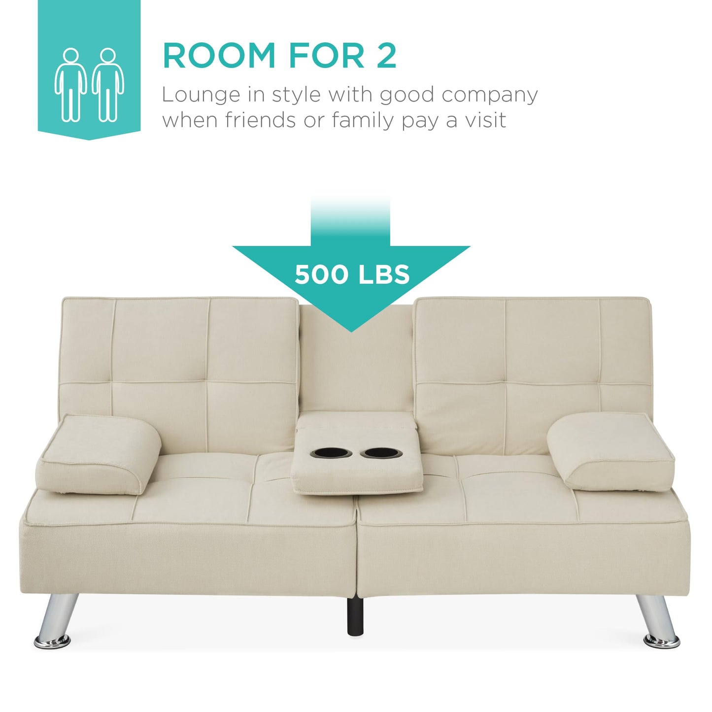 Best Choice Products Linen Modern Folding Futon, Reclining Sofa Bed for Apartment, Dorm w/Removable Armrests, 2 Cupholders - Ivory
