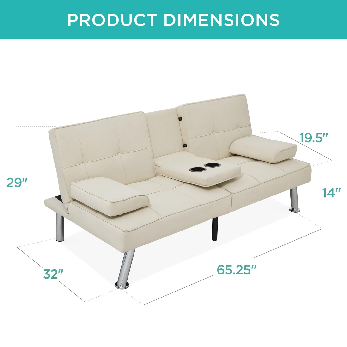Best Choice Products Linen Modern Folding Futon, Reclining Sofa Bed for Apartment, Dorm w/Removable Armrests, 2 Cupholders - Ivory