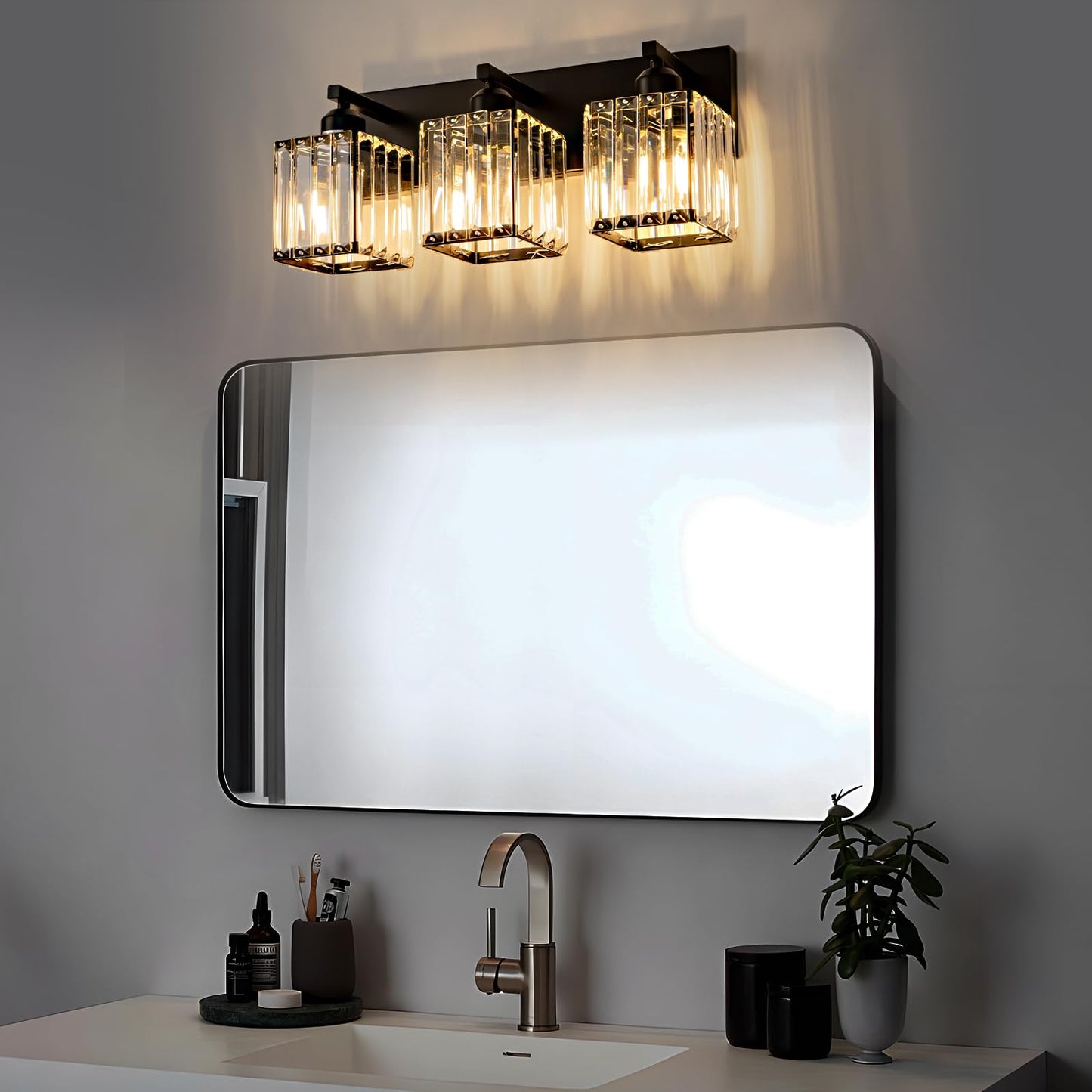 Aixialin Black Bathroom Vanity Light 3 Lights, Crystal Bathroom Wall Light Fixtures Modern Vanity Light Over Mirror (Exclude Bulb)