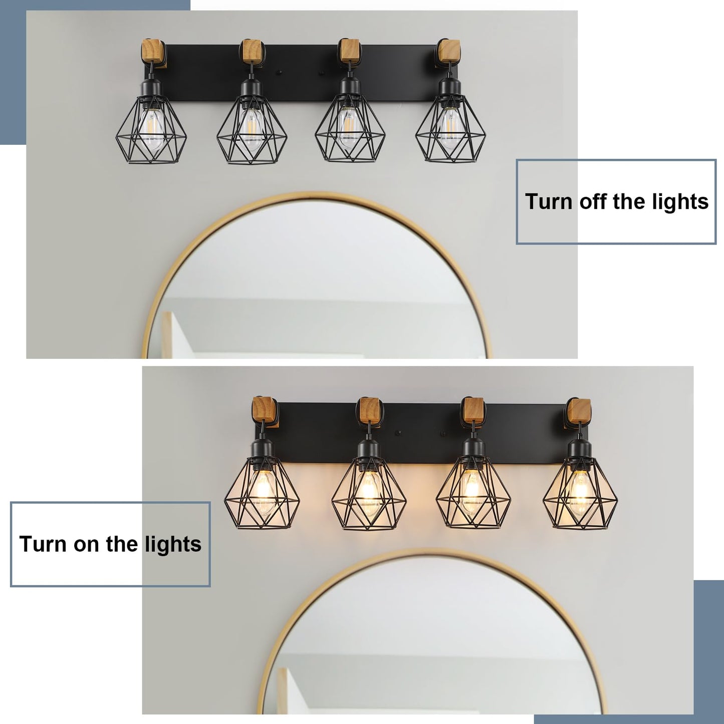 4 Light Farmhouse Vanity Light for Bathroom, Wood Bathroom Vanity Light Fixtures Over Mirror, Rustic Sconces Wall Lighting with Metal Lampshade for Living Room, Bedroom, Hallway