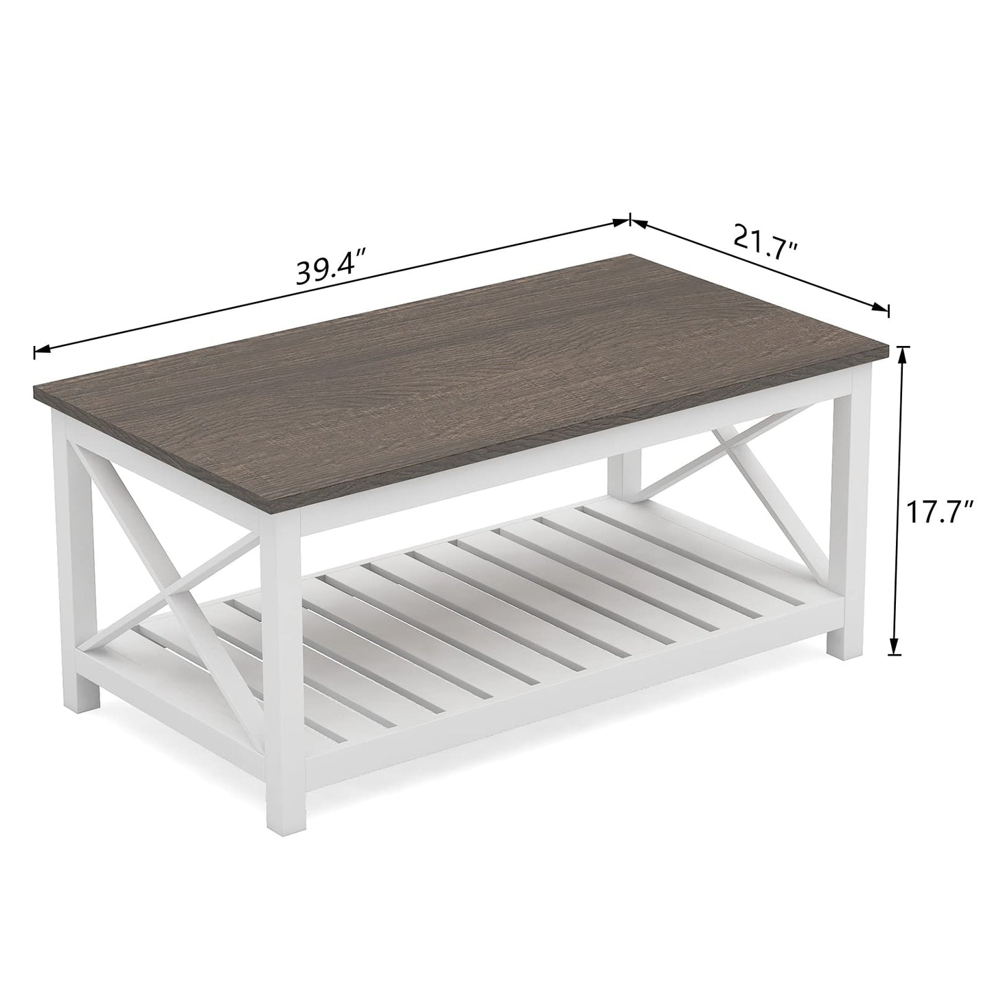 ChooChoo Coffee Table, Rustic Farmhouse Table with Shelf for Living Room, Vintage Finish White