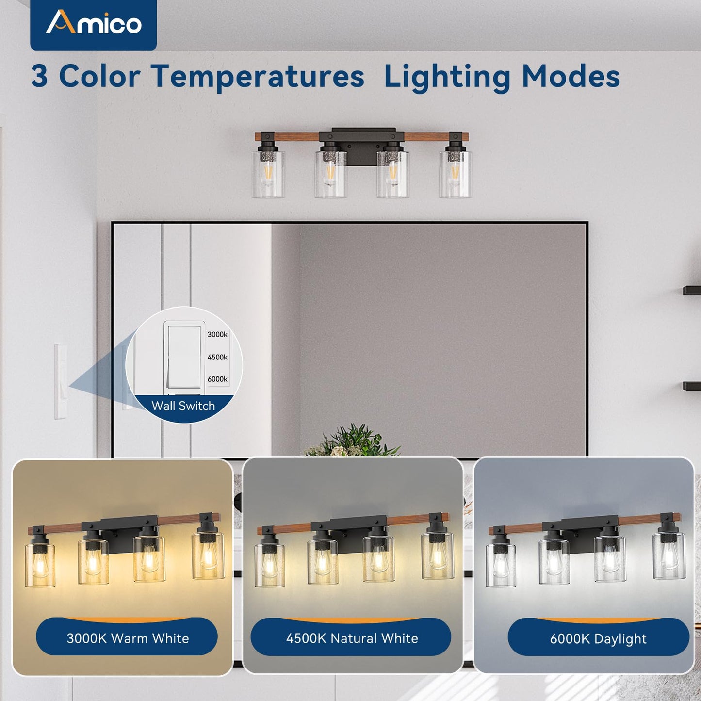 Amico Farmhouse Bathroom Vanity Light Fixtures,Rustic 4-Light Industrial Painted Wood Lights,Vintage Black Wall Sconces Bathroom Vanity Lighting with Bubble Glass Shade