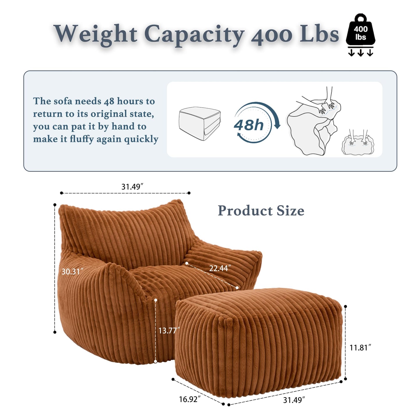 Gericco Oversized Bean Bag Chaise Lounge Chair Indoor for Adults with Armrests & Ottoman - Giant Comfy Orange Beanbag Floor Sofa Cloud Accent Chair for Reading, Gaming, Cozy Plush Cloud Mini Couch