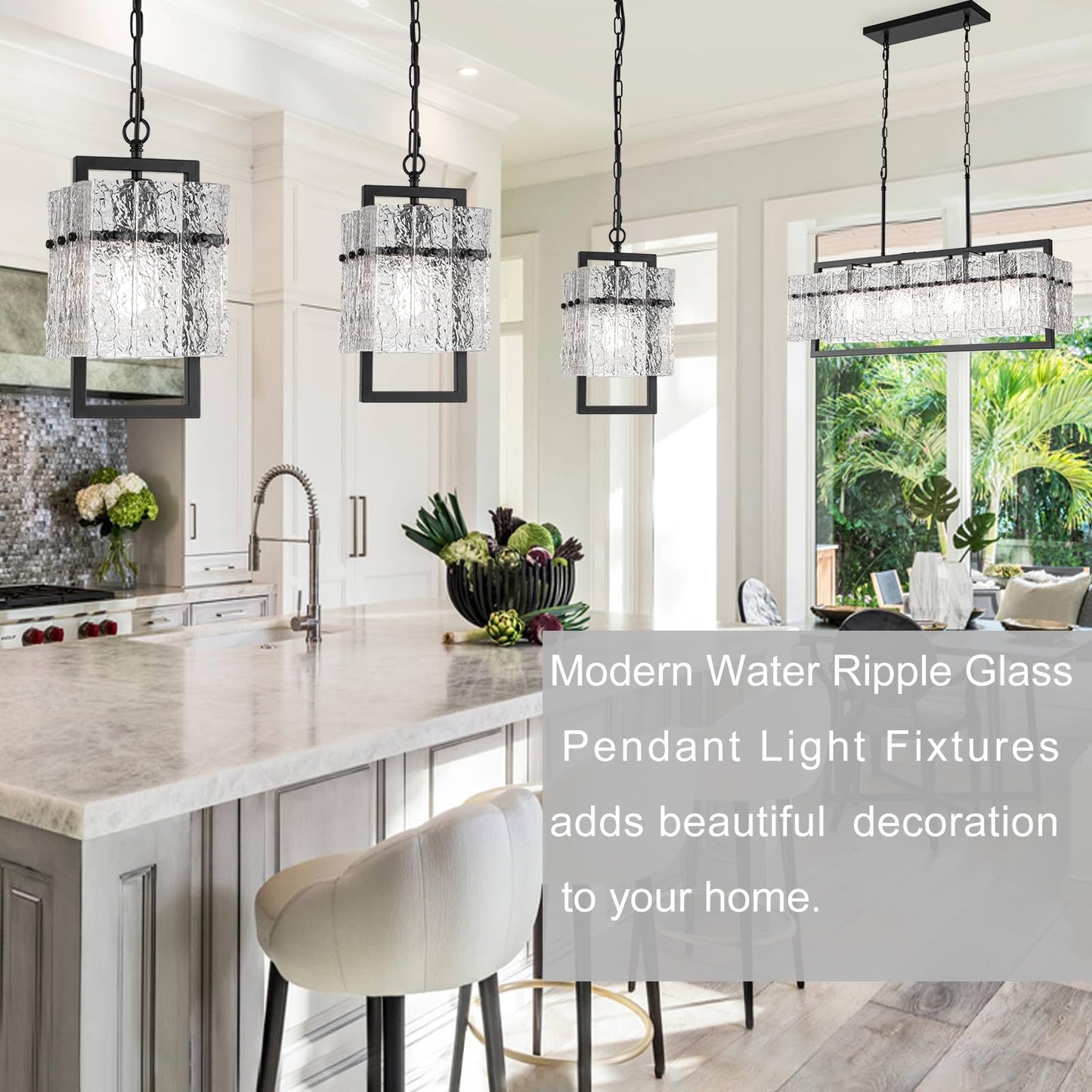 Modern Black Pendant Lights Kitchen Island, Crystal Kitchen Island Lighting with Water Ripple Glass Pendant Light Fixtures Elegant Chandeliers for Dining Room Hallway, Height Adjustable UL Listed