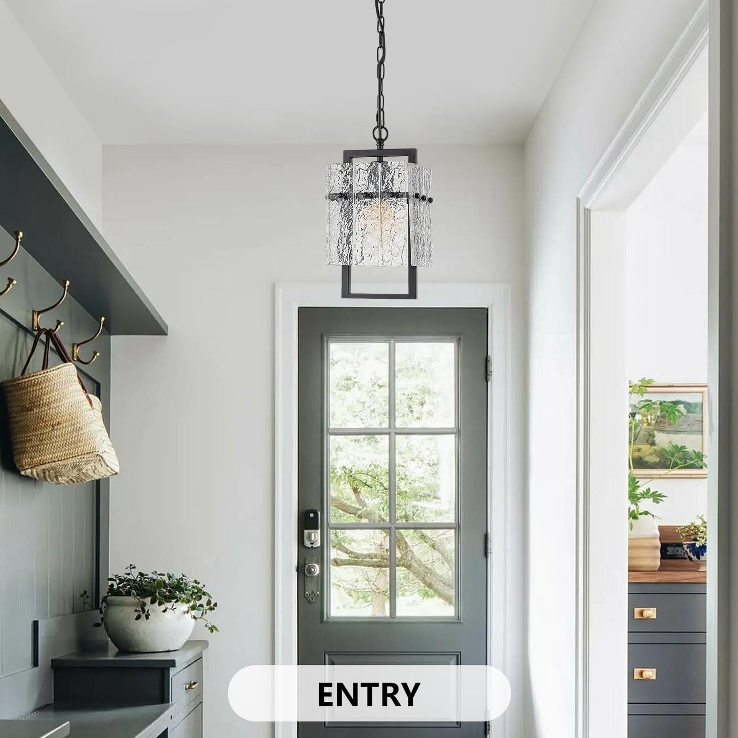 Modern Black Pendant Lights Kitchen Island, Crystal Kitchen Island Lighting with Water Ripple Glass Pendant Light Fixtures Elegant Chandeliers for Dining Room Hallway, Height Adjustable UL Listed