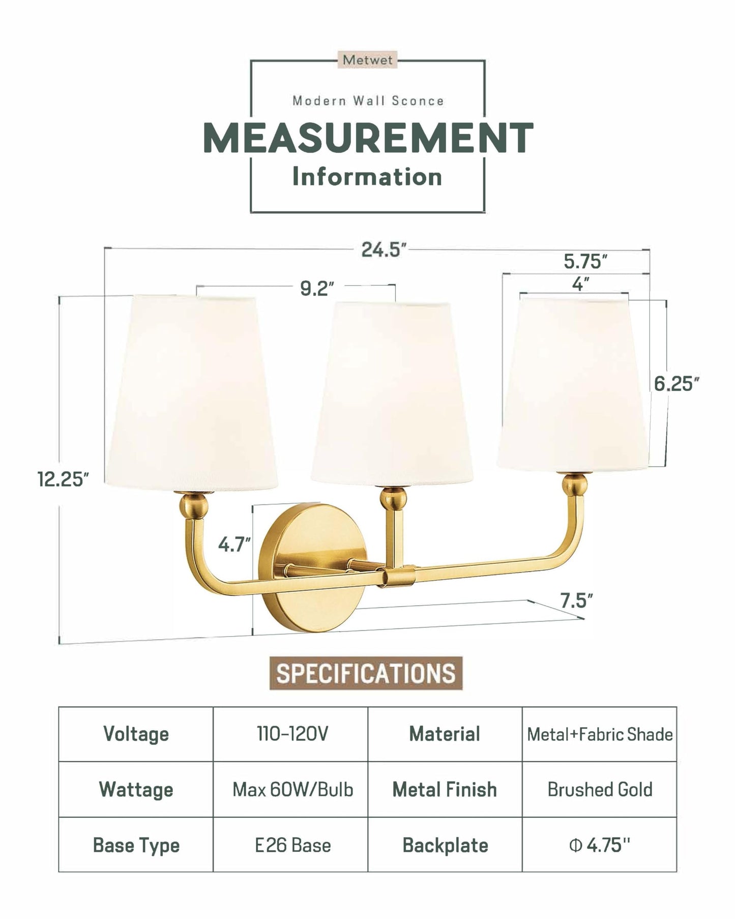 METWET Bathroom Light Fixtures, Brushed Gold Vanity Lights with Flared White Fabric Shade, 3 Light Wall Sconce, Modern Sconces Wall Lighting for Hallway Bedroom, VL837-BG-3